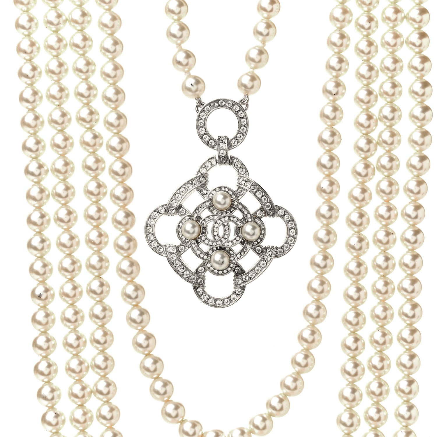 Chanel Pearl Crystal CC Multi Strand Necklace Silver 3 of 5