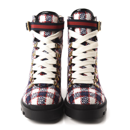 Gucci Vintage Tweed Check Lace Up Combat Ankle Boots 40.5 White Hibiscus Red Marine 2 of 10