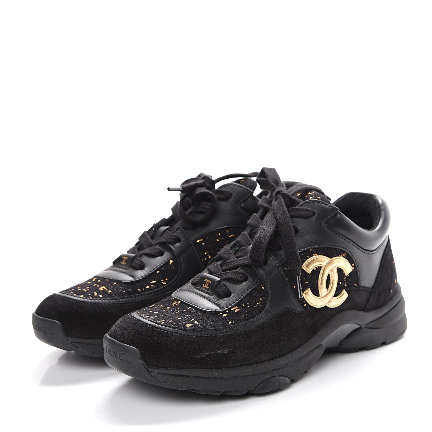 Chanel Velour Tweed CC Sneakers 38.5 Black Gold 3 of 10