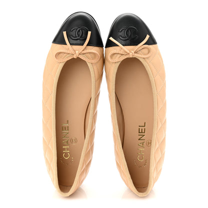 Chanel Lambskin Quilted CC Cap Toe Ballerina Flats 37.5 Beige Black 2 of 10
