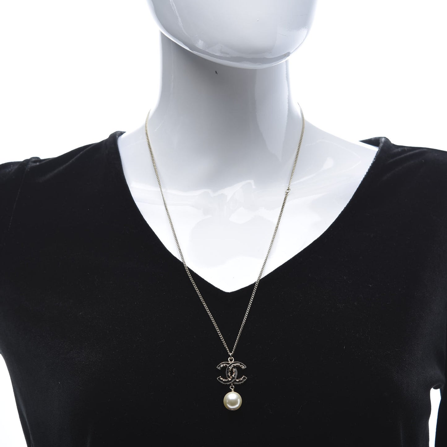 Enamel CC Baroque Pearl Drop Necklace Black Gold