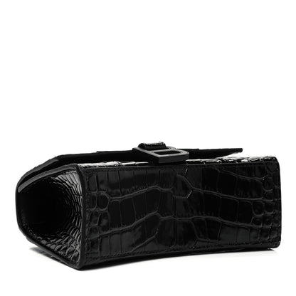 Balenciaga Shiny Calfskin Monochrome Crocodile Embossed Hourglass Top Handle Bag XS Black 4 of 9