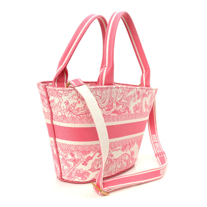 Christian Dior Canvas Embroidered Dioriviera Toile De Jouy Panier Chapeau Tote Peony Pink 4 of 14