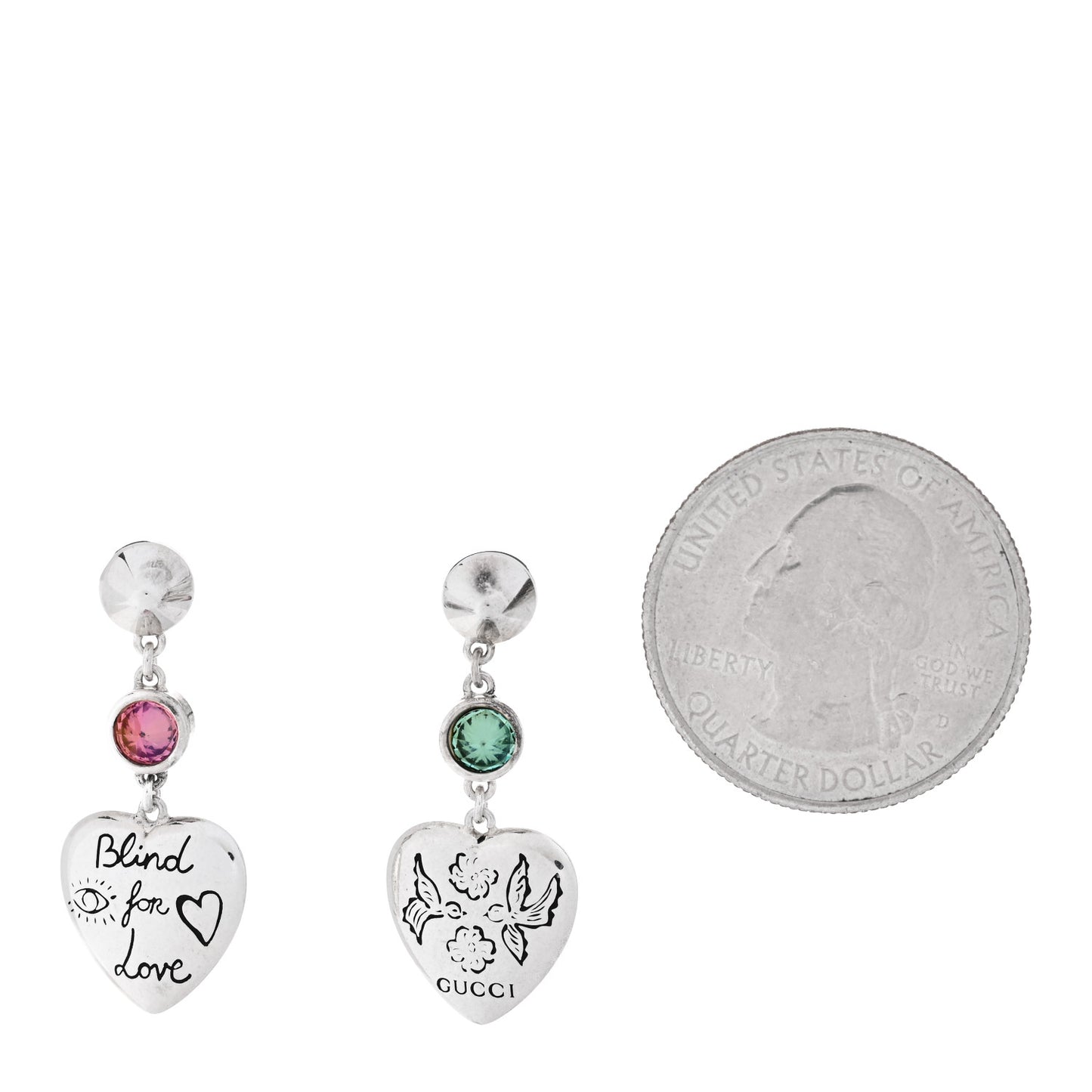 Sterling Silver Green Pink Cubic Zirconia Blind for Love Heart Earrings