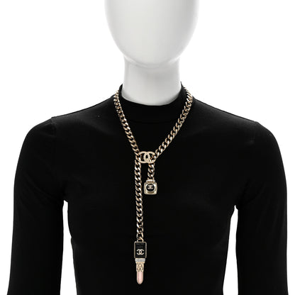 Chanel Metal Strass Pearl Lipstick Necklace Pink Gold 2 of 7