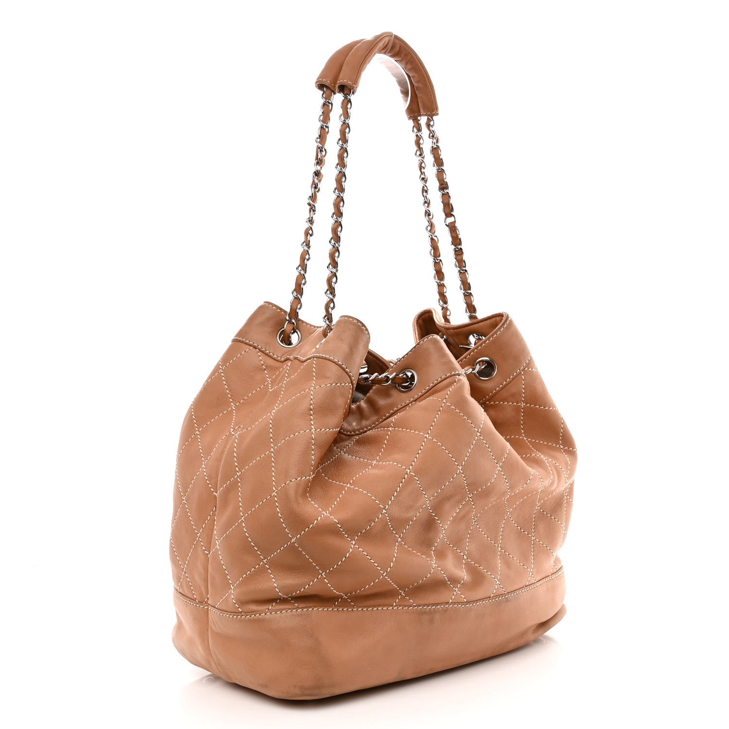 Chanel Lambskin Contrast Stitch Large Drawstring Tote Dark Beige 3 of 15