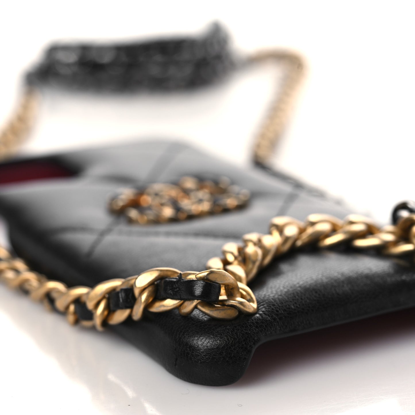Shiny Goatskin Quilted 19 iPhone XI Pro Max Holder With Chain Black