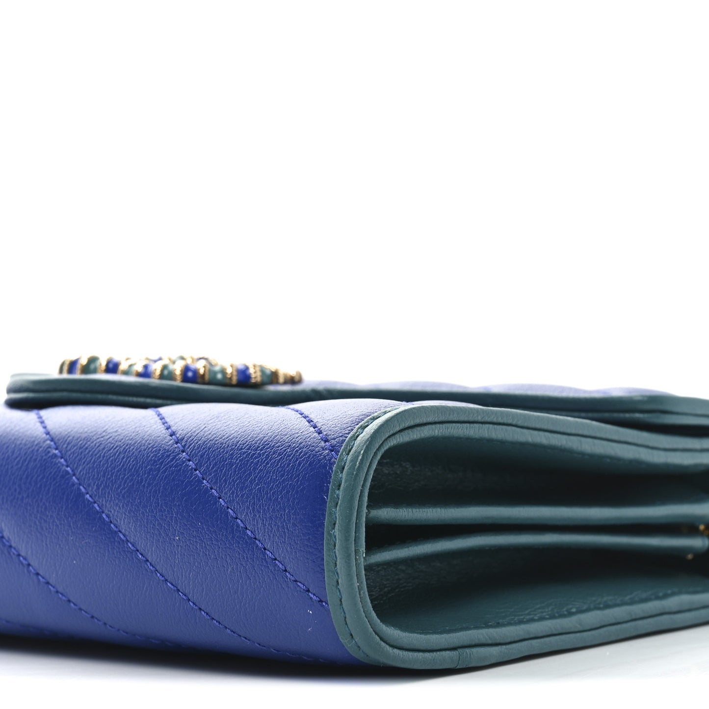 Azalea Calfskin Enamel Matelasse Diagonal Torchon GG Marmont Chain Wallet Imperial Blue Pavone