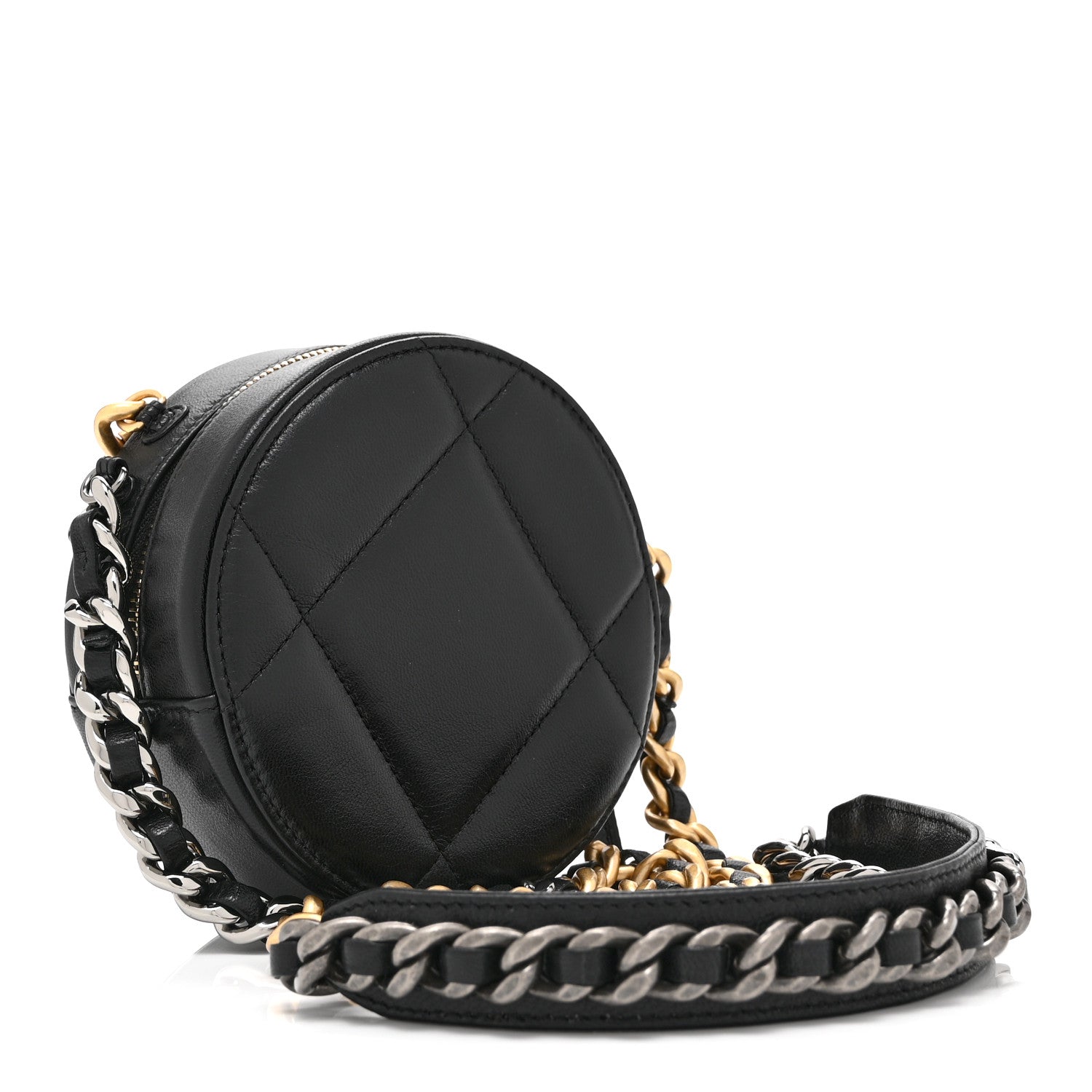 Chanel Shiny Goatskin Quilted Chanel 19 Round Clutch With Chain Black 3 of 10