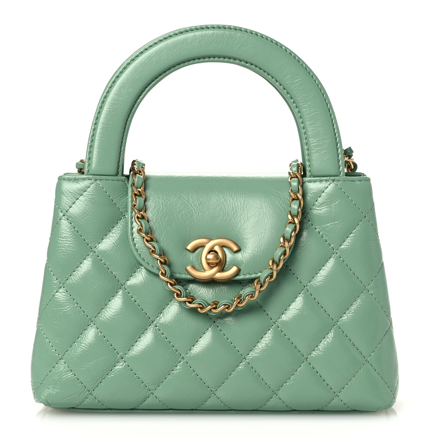 Shiny Aged Calfskin Quilted Nano Kelly Shopper Light Green