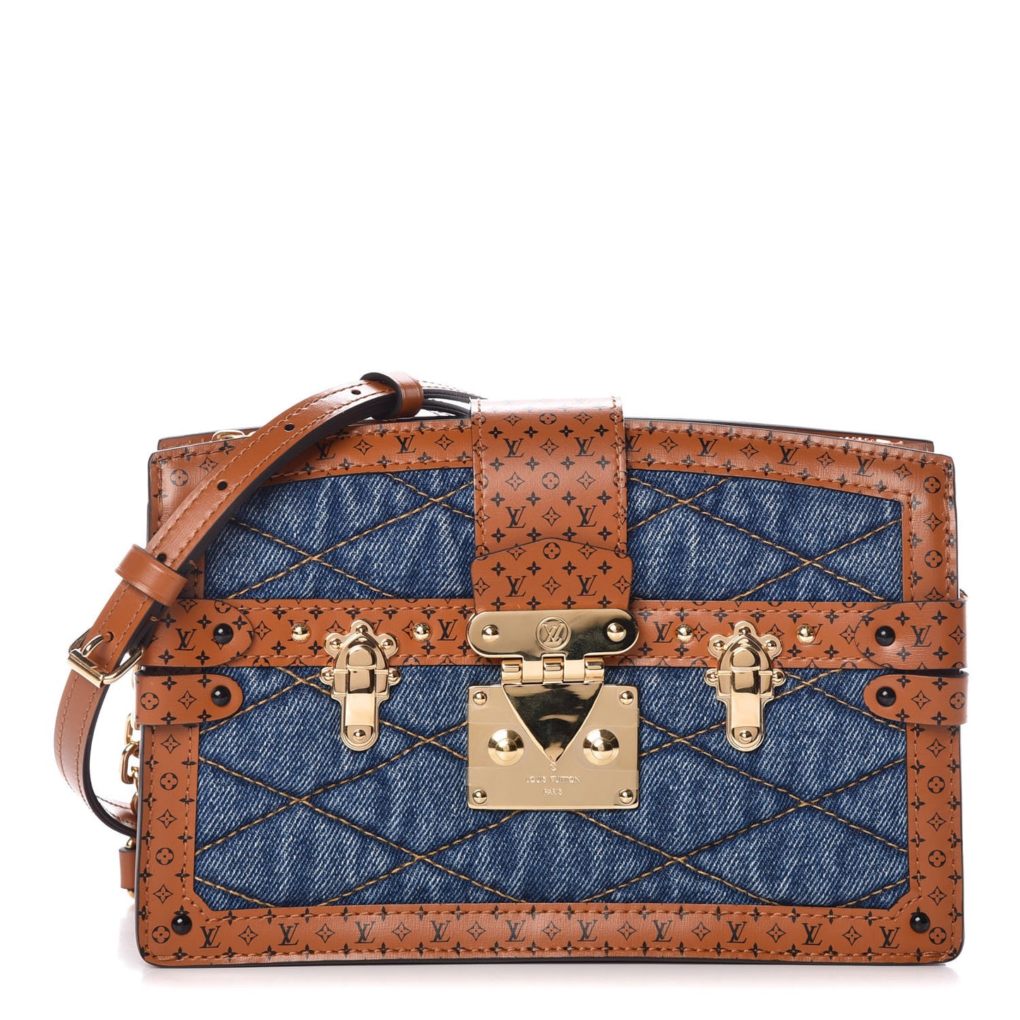 Denim Calfskin Malletage Trunk Clutch Light Blue