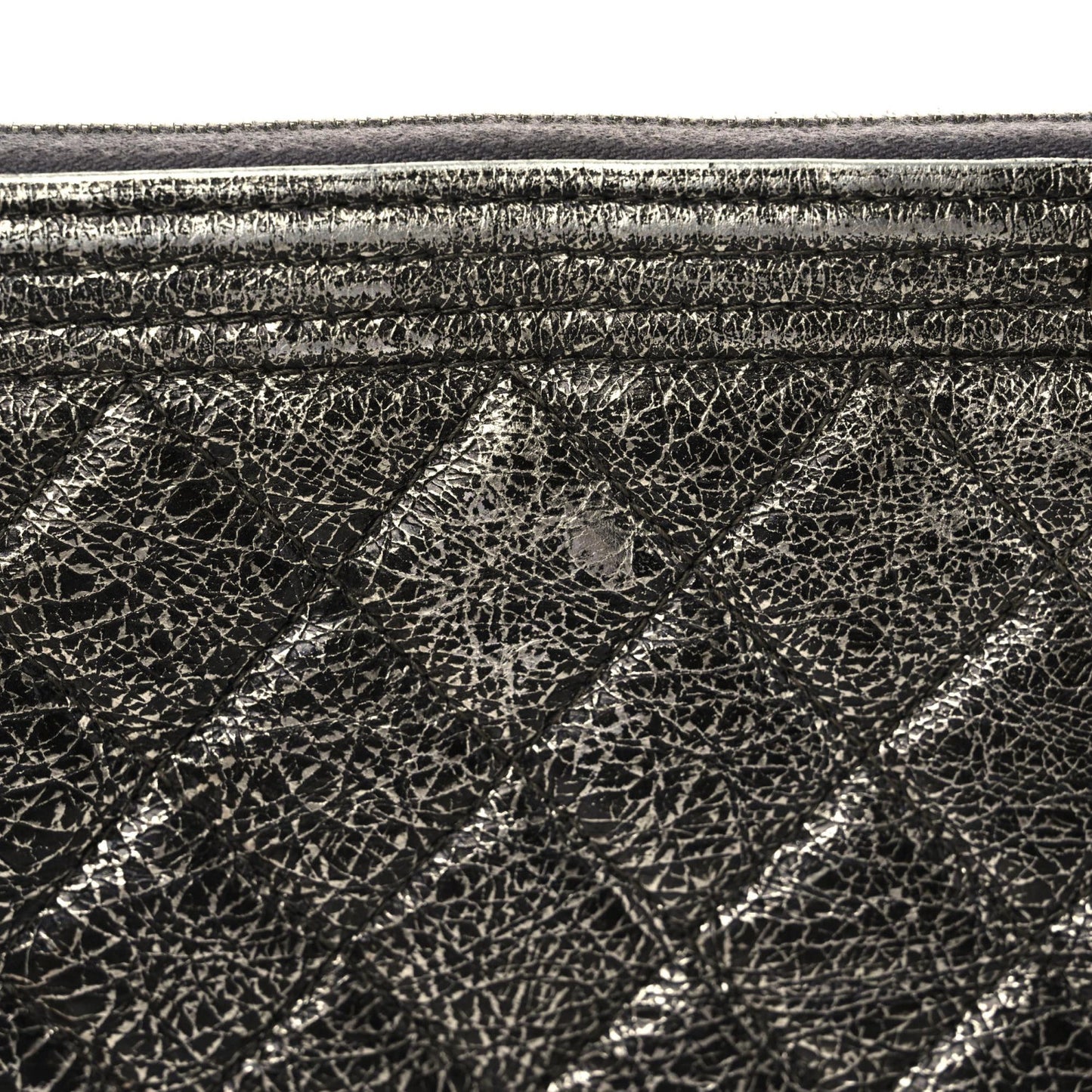 Cracked Metallic Calfskin Quilted Large Boy Cosmetic Case Silver