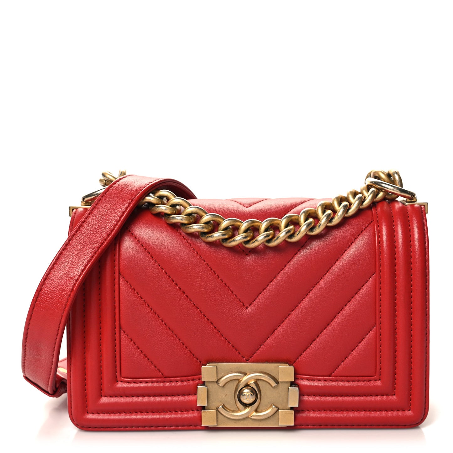 Calfskin Chevron Quilted Small Boy Flap Red