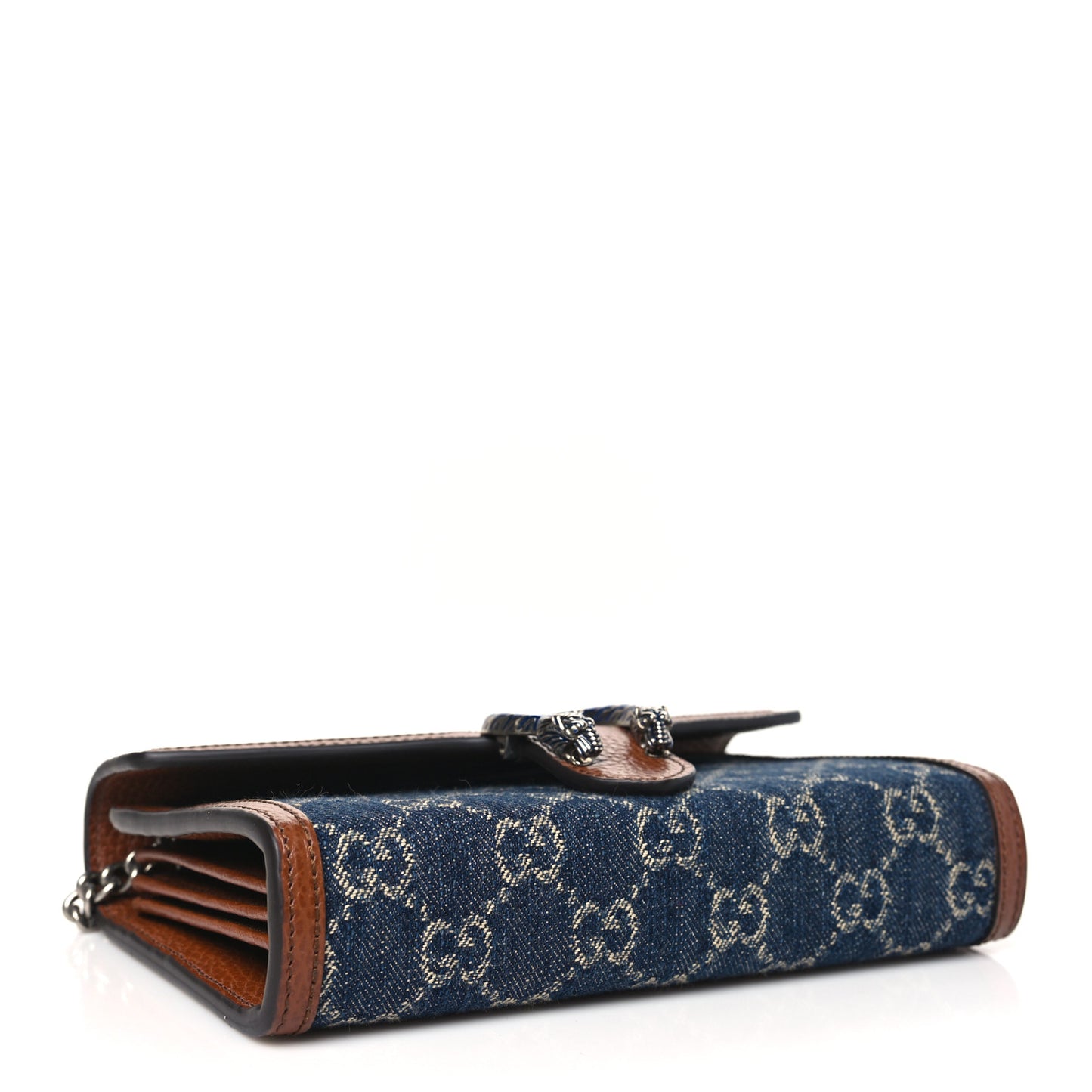 New Denim GG Monogram Dollar Calfskin Enamel Mini Dionysus Chain Wallet Blue Tea Cuir Epilog Electric Blue
