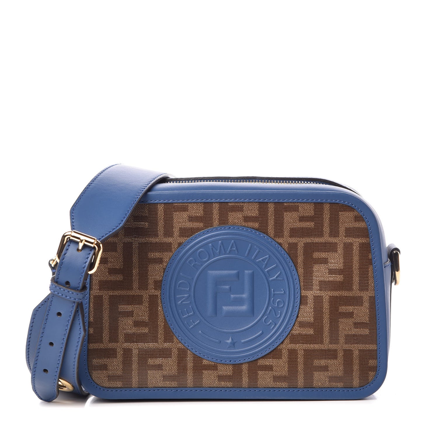 Glazed Fabric Vitello Century F is Fendi FF 1974 Stamp Patch Camera Case Mogano Panna Iris