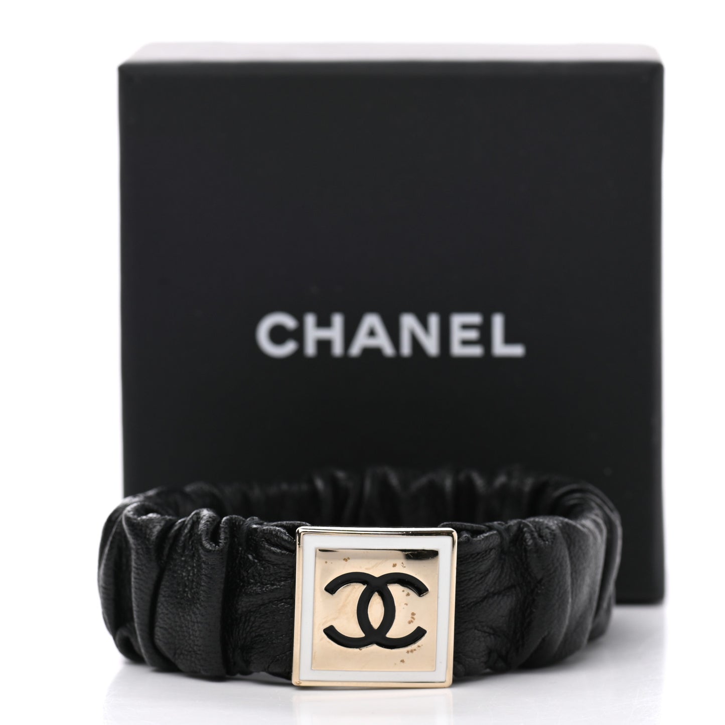 Lambskin Metal Enamel CC Hair Tie Black Gold