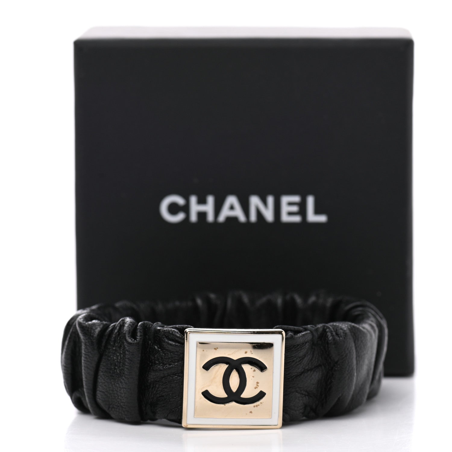 Chanel Lambskin Metal Enamel CC Hair Tie Black Gold 5 of 5