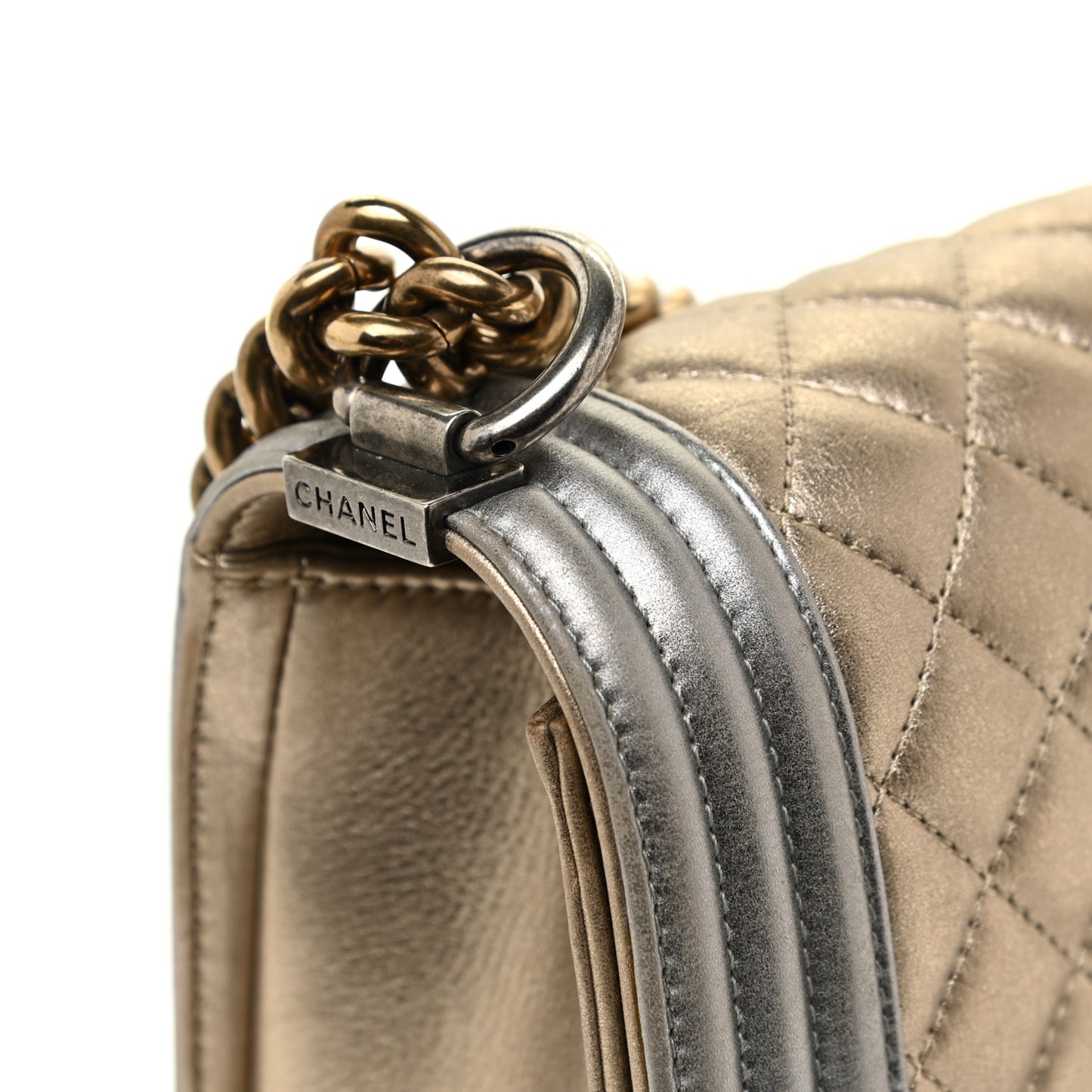 Metallic Calfskin Quilted Medium Boy Flap Khaki