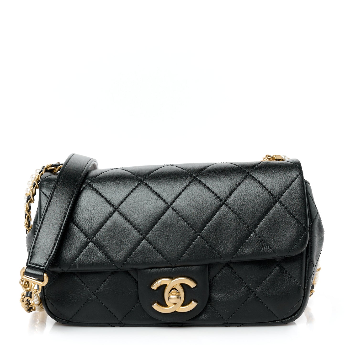 Calfskin Quilted Mini Rectangular Crystal Pearls Chain Flap Black