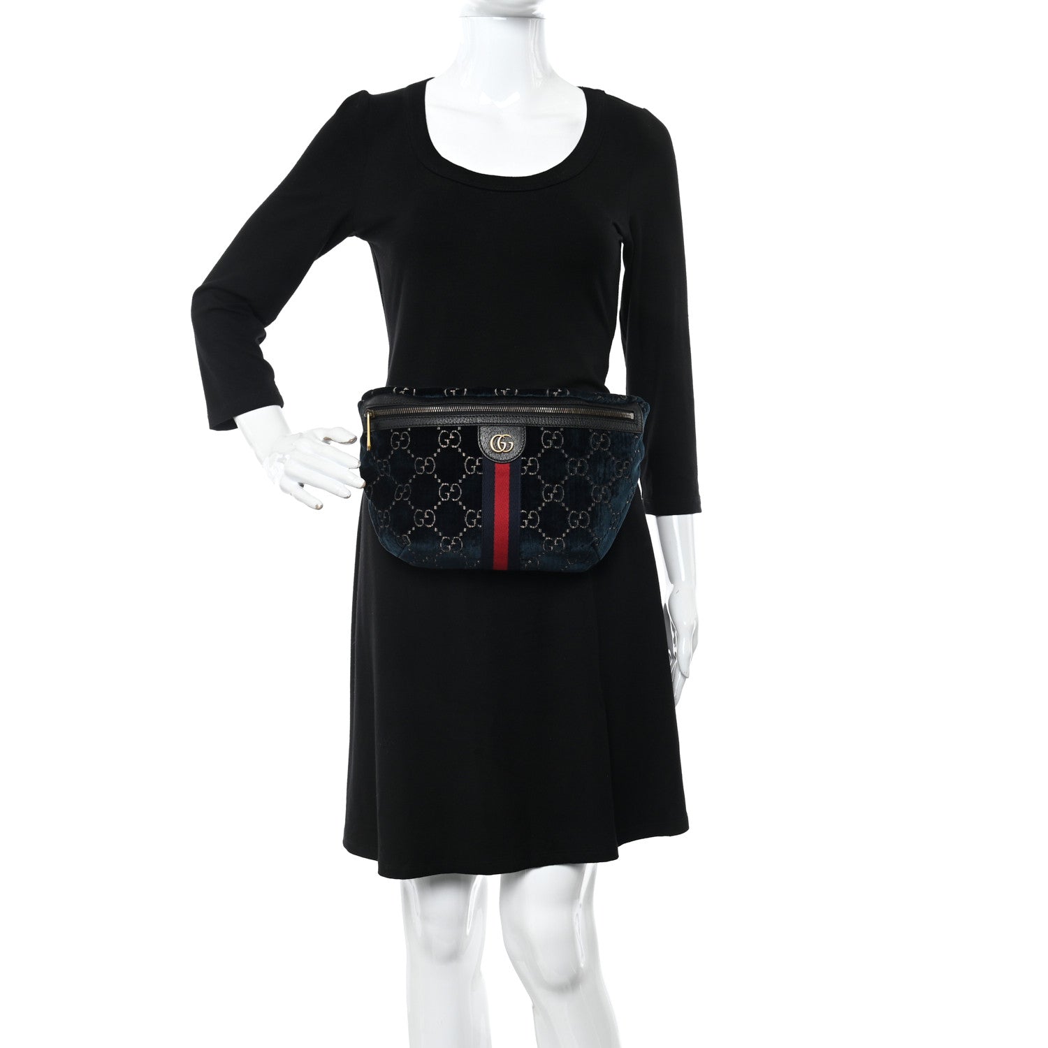 Gucci Velvet GG Monogram Web Belt Bag Blue Beige 2 of 10