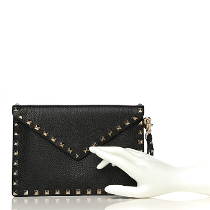 Valentino Garavani Pebbled Calfskin Medium Rockstud Envelope Flat Wristlet Pouch Black 2 of 10