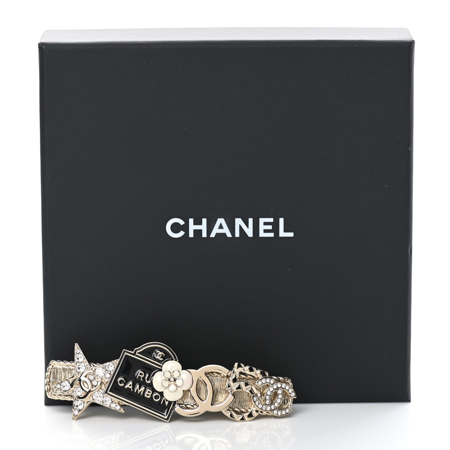 Metal Crystal CC Rue Cambon Hair Clip Gold Pearly White