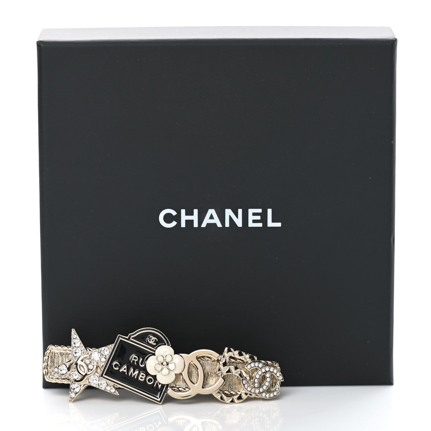 Chanel Metal Crystal CC Rue Cambon Hair Clip Gold Pearly White 4 of 4