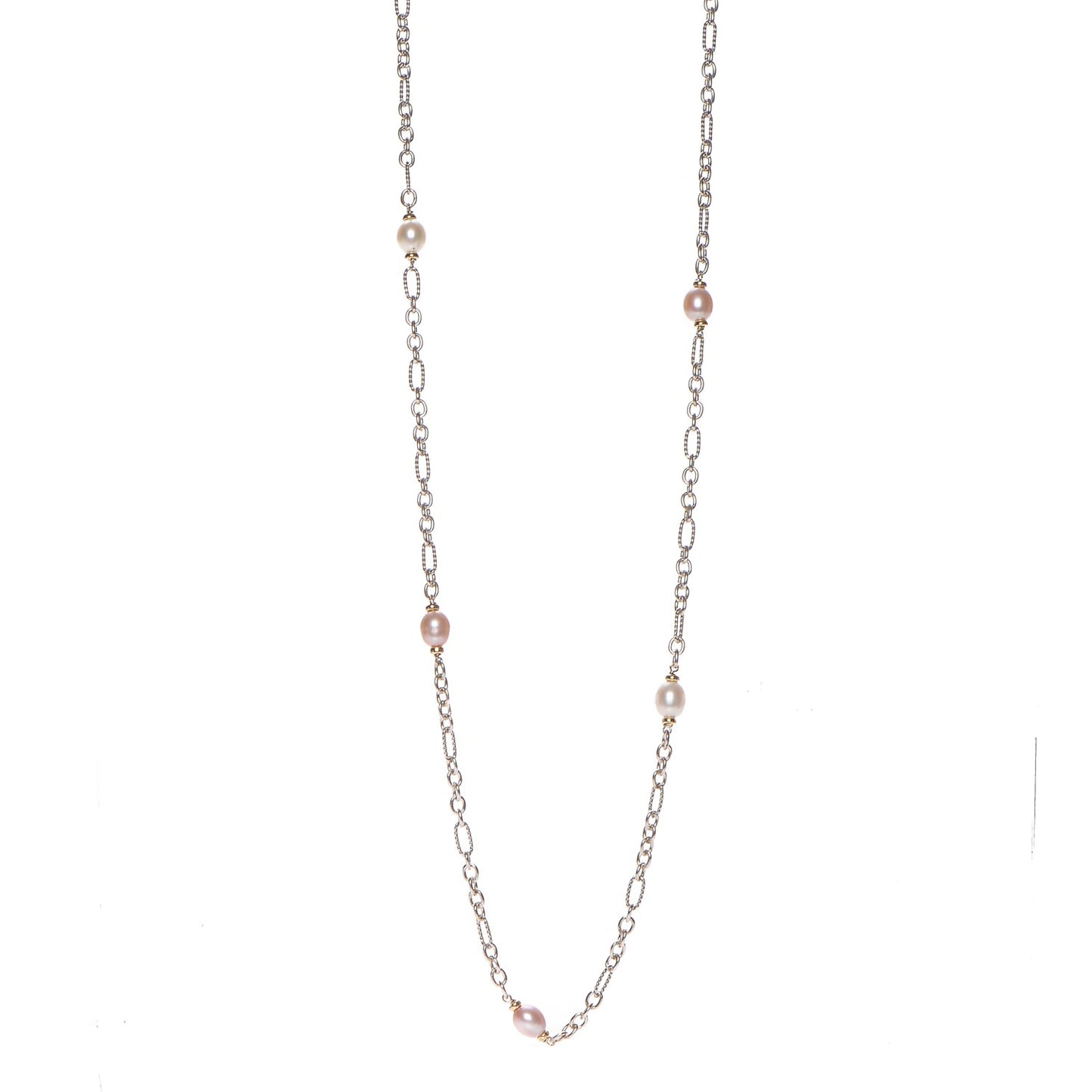 Sterling Silver 18K Yellow Gold Baroque Pearl Long Figaro Chain Necklace