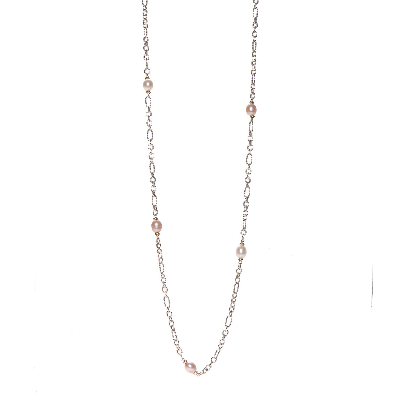 David Yurman Sterling Silver 18K Yellow Gold Baroque Pearl Long Figaro Chain Necklace 1 of 5