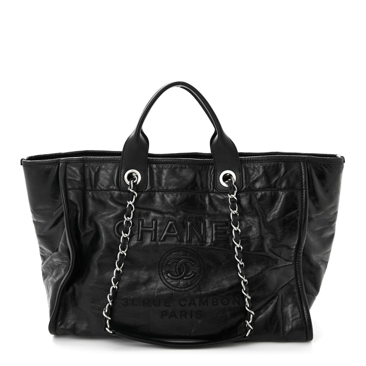 Glazed Calfskin Medium Deauville Tote Black