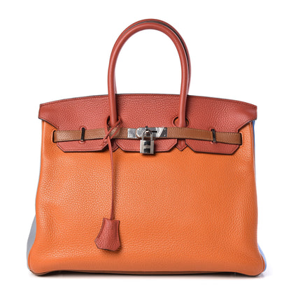 Hermes Taurillon Clemence Arlequin Birkin 35 Orange Sanguine Gold Bleu Lin Bleu Hydra Etain 1 of 35