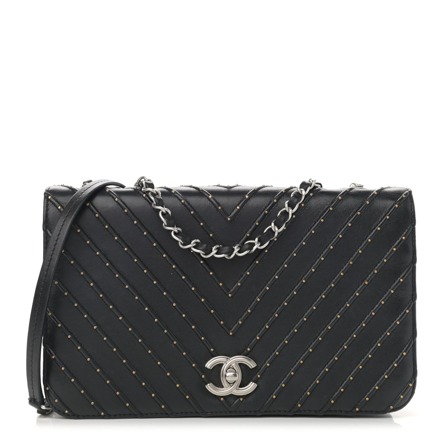 Calfskin Studded Chevron Quilted Flap Black