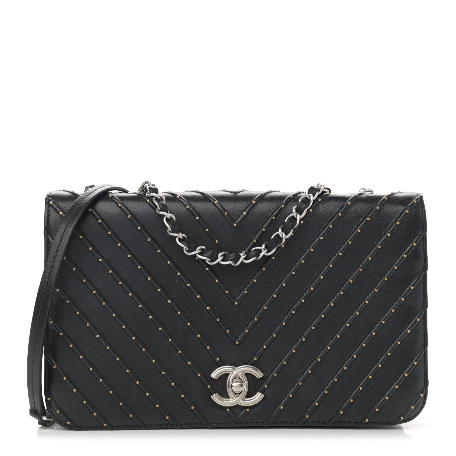 Chanel Calfskin Studded Chevron Quilted Flap Black 1 of 12