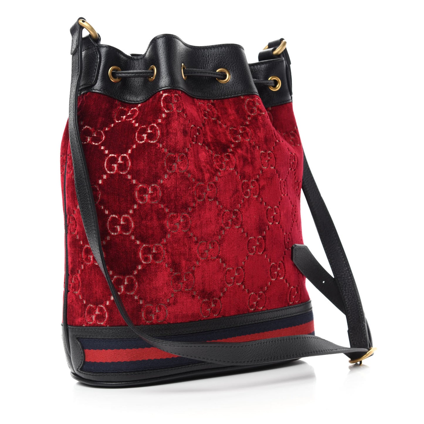 Velvet GG Monogram Textured Calfskin Web Bucket Bag Red Cipria Black