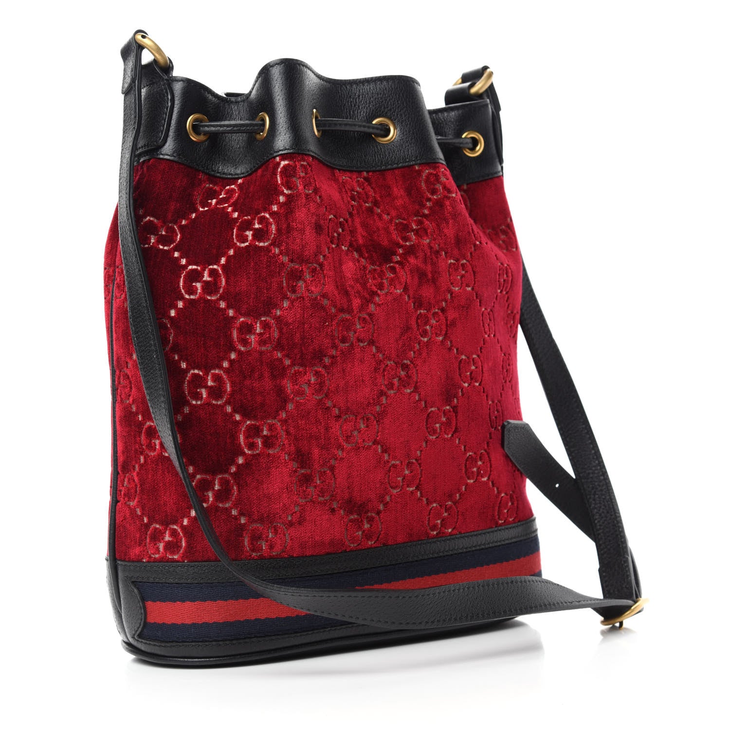 Gucci Velvet GG Monogram Textured Calfskin Web Bucket Bag Red Cipria Black 3 of 12