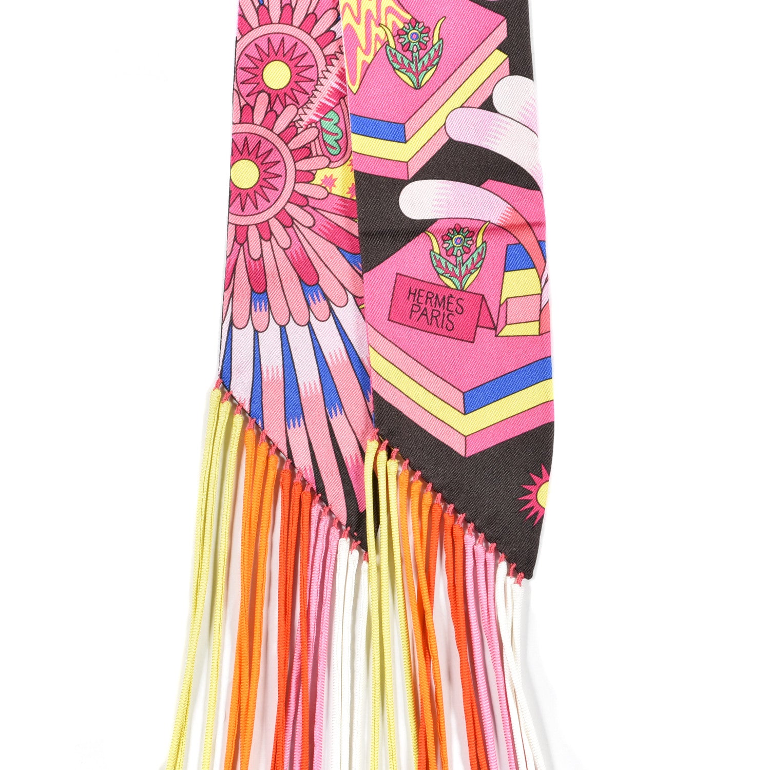 Hermes Silk La Source de Pegase Fringed Twilly Ebene Rose Vif Jaune Vif 2 of 4