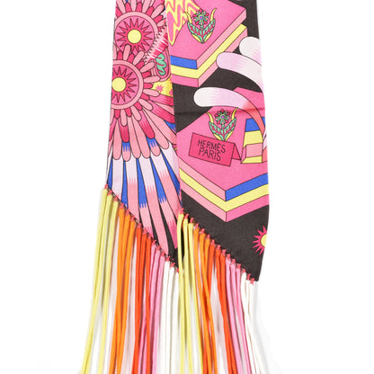 Hermes Silk La Source de Pegase Fringed Twilly Ebene Rose Vif Jaune Vif 2 of 4