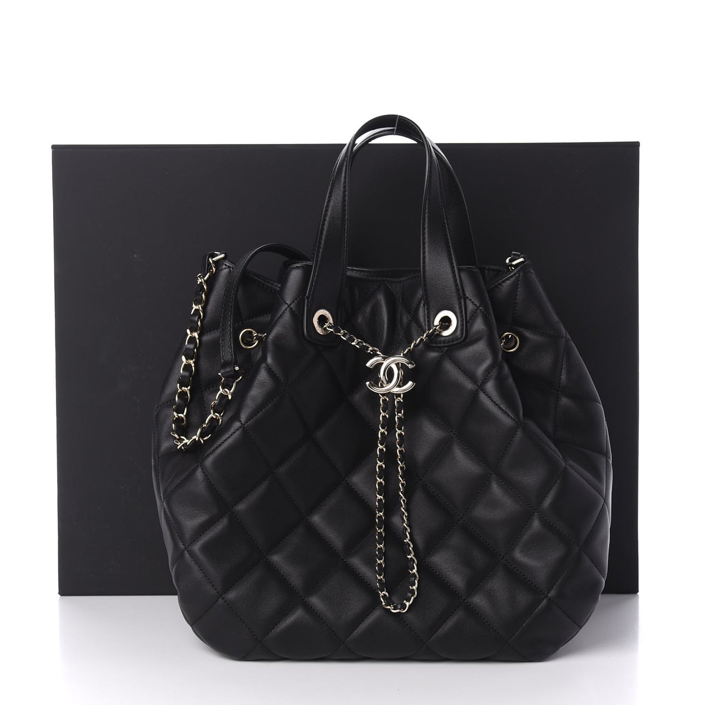 Lambskin Quilted CC Dweller Drawstring Tote Black