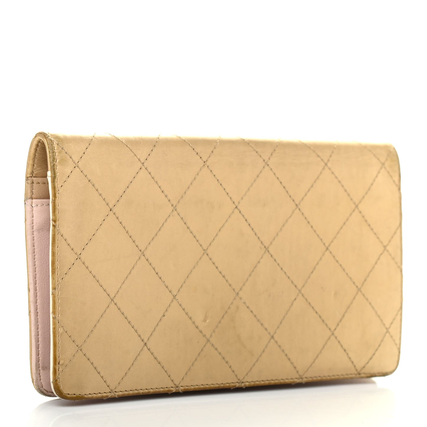Metallic Calfskin Diamond Stitched Yen Wallet Gold