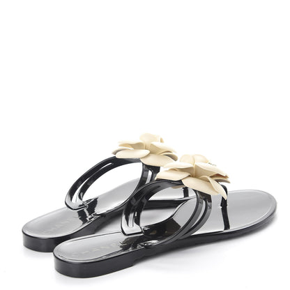 Chanel Jelly Camellia Thong Sandals 36 Black Ivory 4 of 10