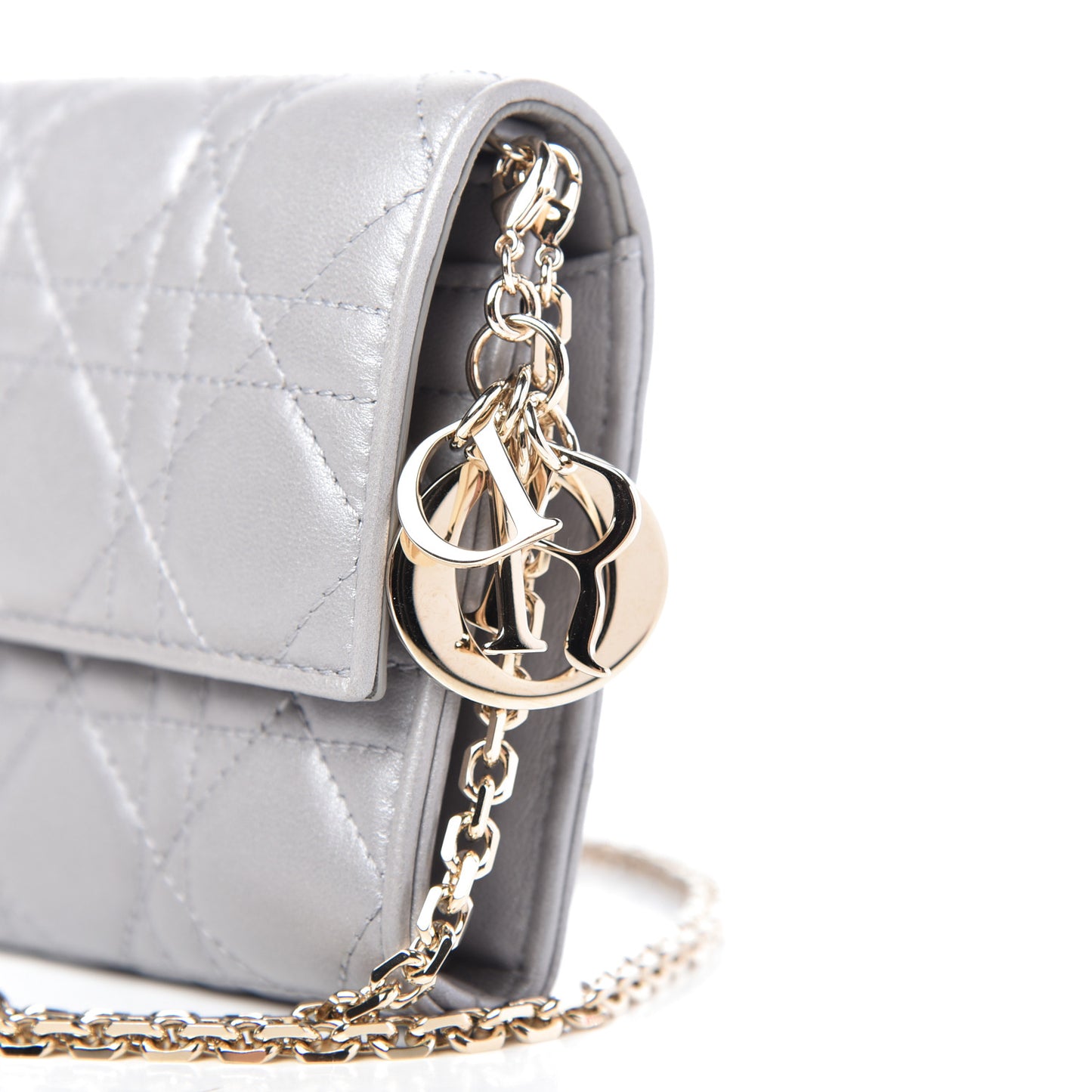Metallic Lambskin Cannage Lady Dior Rendezvous Wallet On Chain Silver