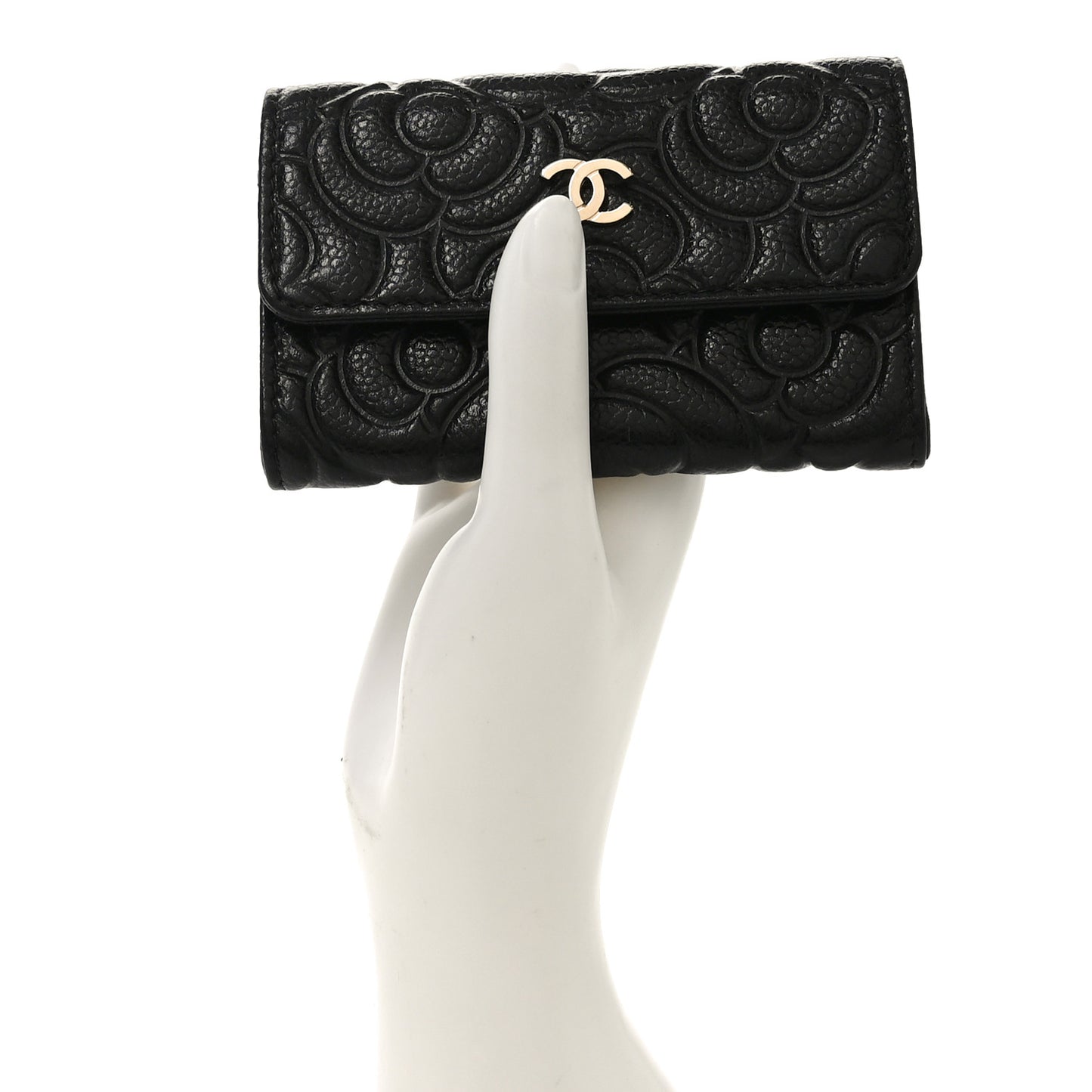 Caviar Camellia Embossed Card Holder Wallet Black
