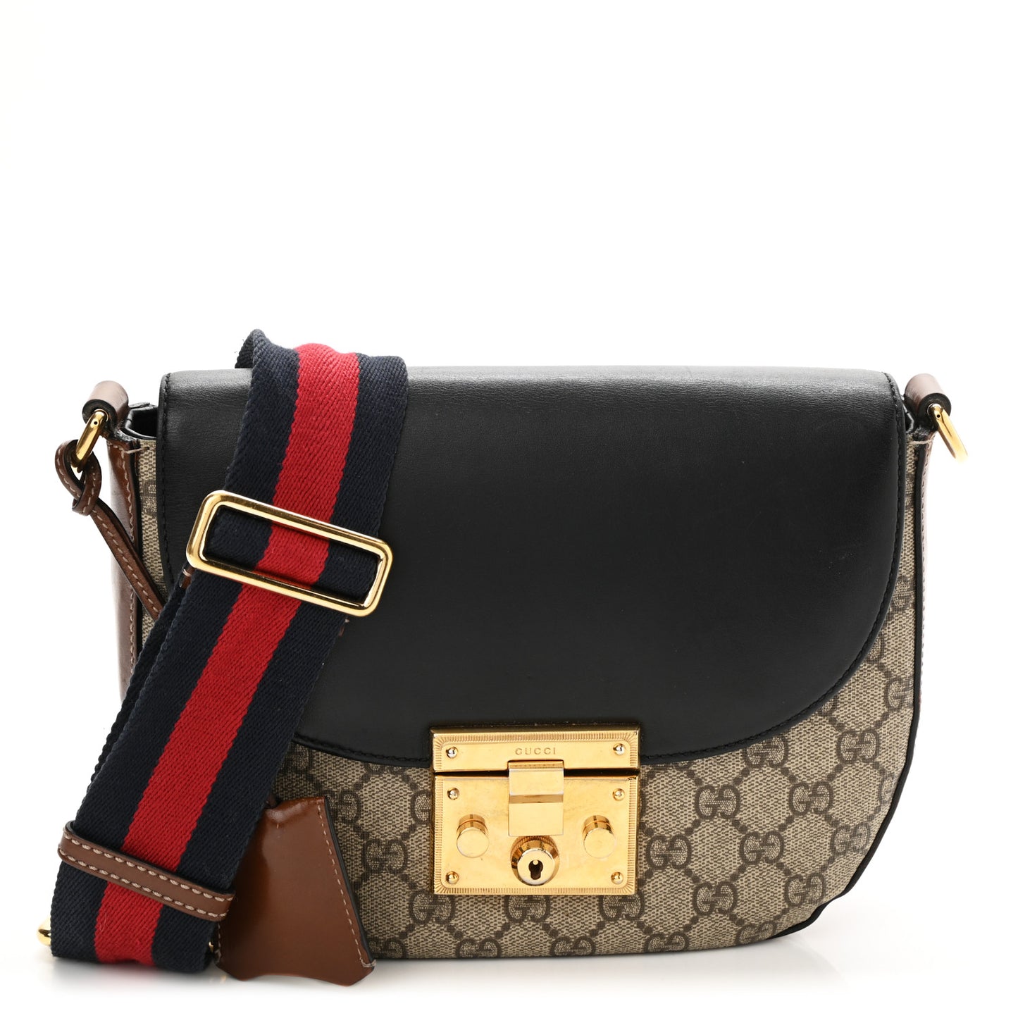 GG Supreme Monogram Web Medium Padlock Messenger Shoulder Bag Black