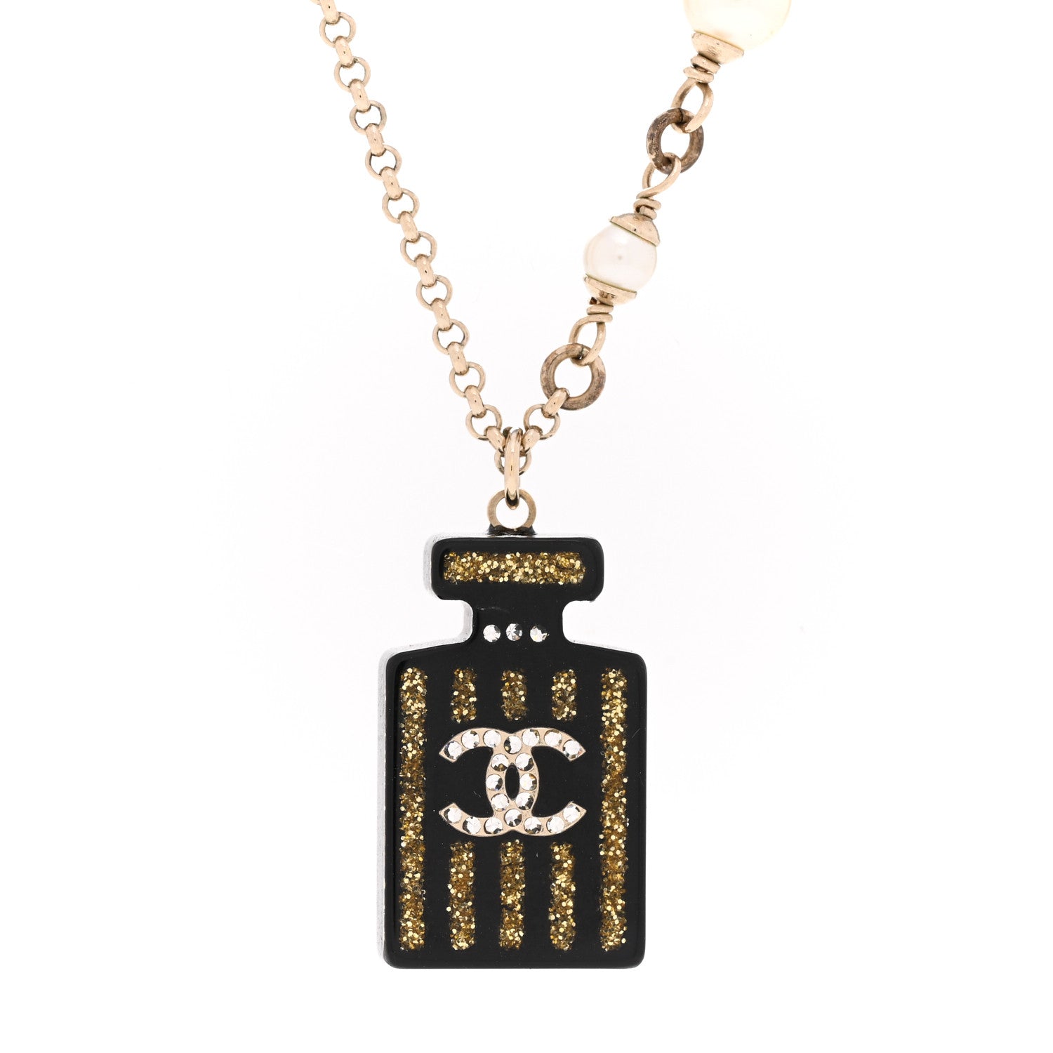 Chanel Resin Strass Pearl Perfume Bottle CC Necklace Black Gold 4 of 6