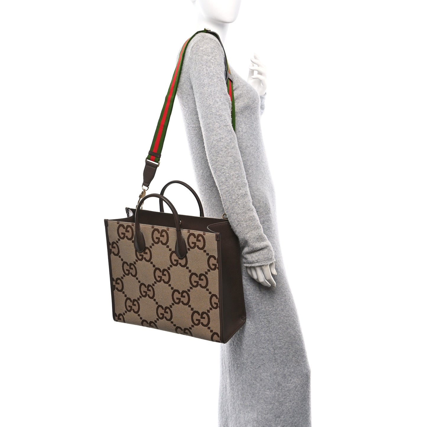 Monogram Jumbo GG Textured Dollar Calfskin Web Tote Bag Camel Ebony New Acero