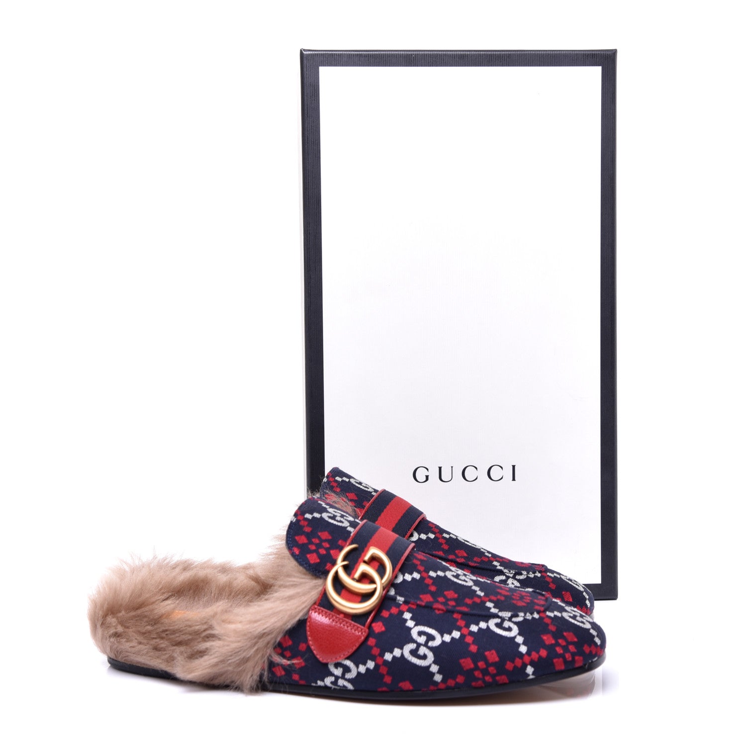 Gucci Canvas GG Monogram Diamond Fur Web GG Mens Princetown Slippers 7.5 Midnight Blue Hibiscus Red 8 of 9