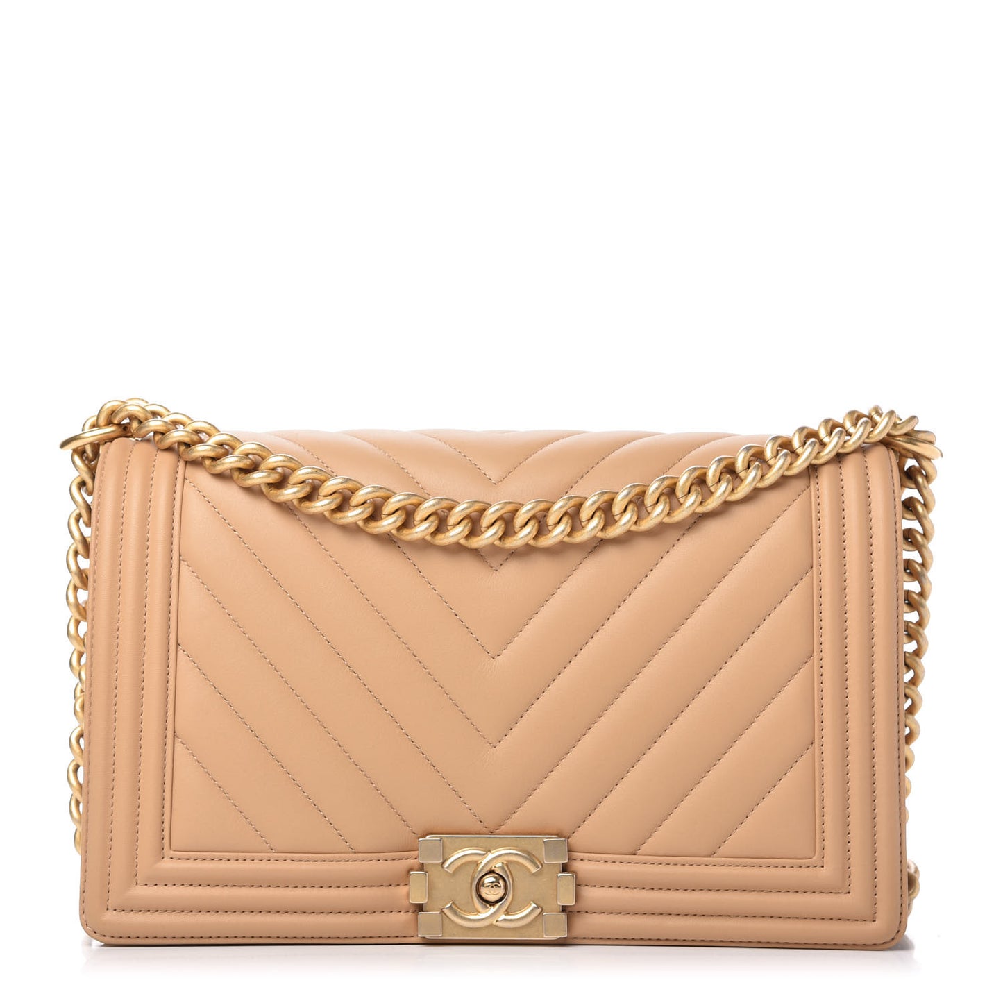 Calfskin Chevron Quilted New Medium Boy Flap Beige