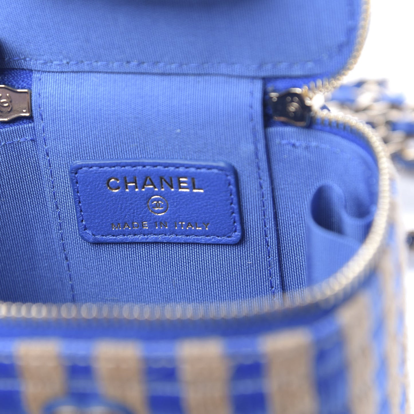 Raffia Jute Striped Mini Vanity Case With Chain Blue Beige