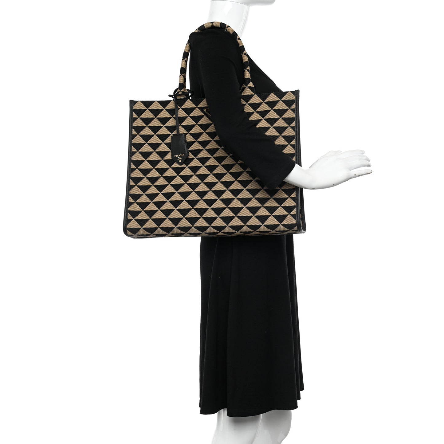 Jacquard Saffiano Triangolo Symbole Embroidered Large Tote Black Corda