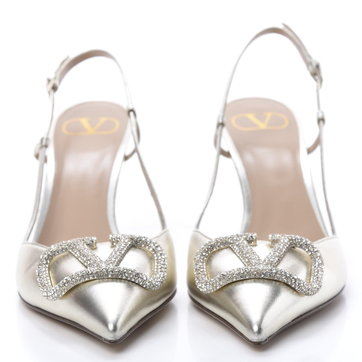 Metallic Nappa Crystal Vlogo Glow Slingback 80mm Pumps 38.5 Platino